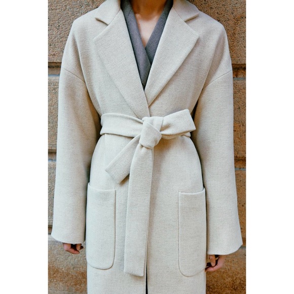 Zara wool blend belted wrap coat cream - Picture 2 of 13